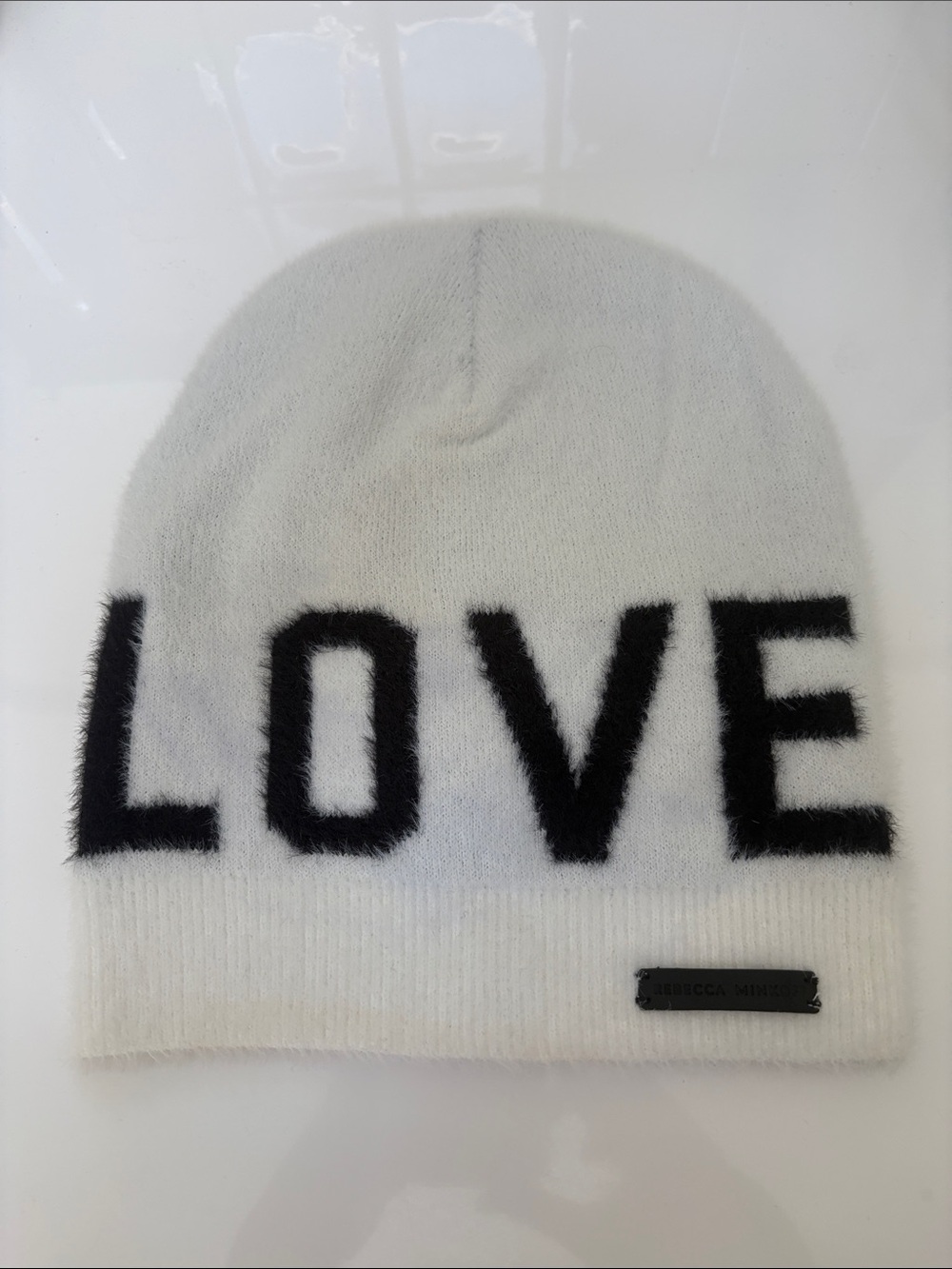 Rebecca Minkoff White Beanie with Black LOVE Script